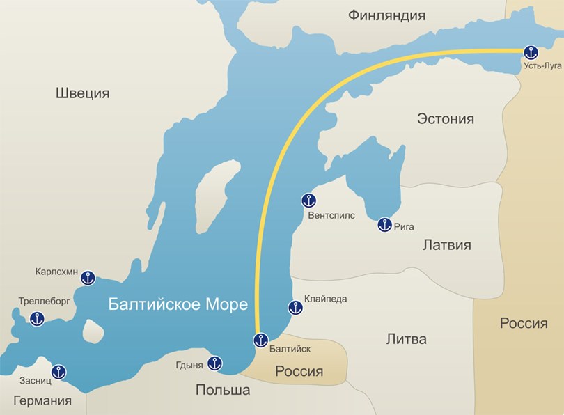 Маршрут следования парома «Усть-Луга ↔ Балтийск» в обход Прибалтики.